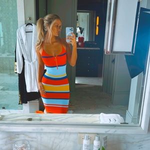 Red, blue, orange/yellow Zip Stripe midi dress
